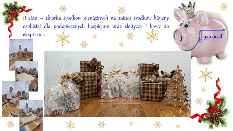 Powiększ obraz: Zdjęcie z podarunkami i świnką-skarbonką. Napis: Drugi etap - zbiórka środków pieniężnych na zakup środków higieny osobistej dla podopiecznych hospicjum oraz słodyczy i kawy do ekspresu. 950 zł 